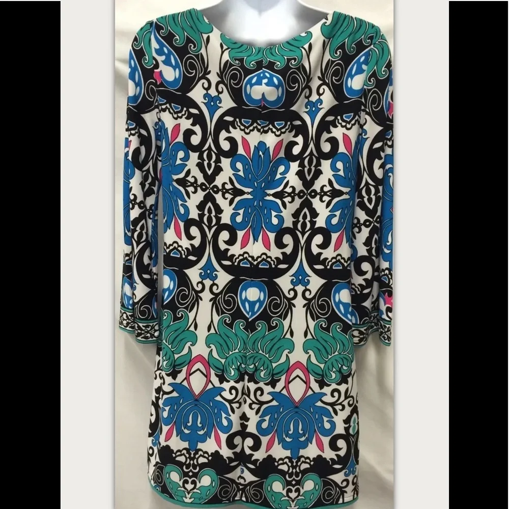 LAUNDRY SHELLI SEGAL Dress Knit Boho Scarf Peasant Shift Geometric Split V Neck